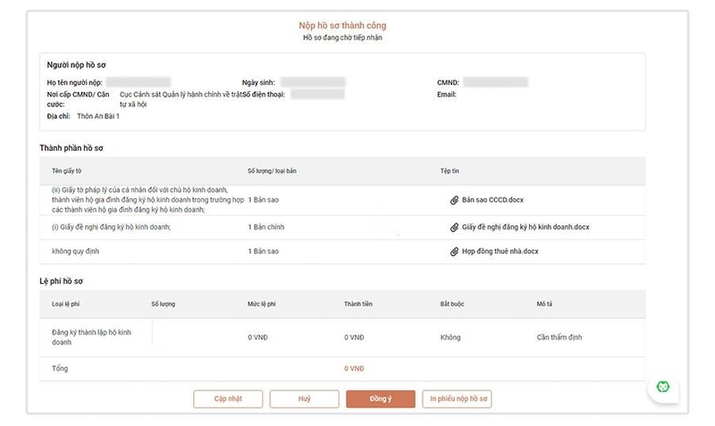 Hoàn thành nộp hồ sơ đăng ký hộ kinh doanh online