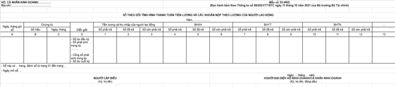 Mẫu sổ sách kế toán hộ kinh doanh - Sổ theo dõi tiền lương