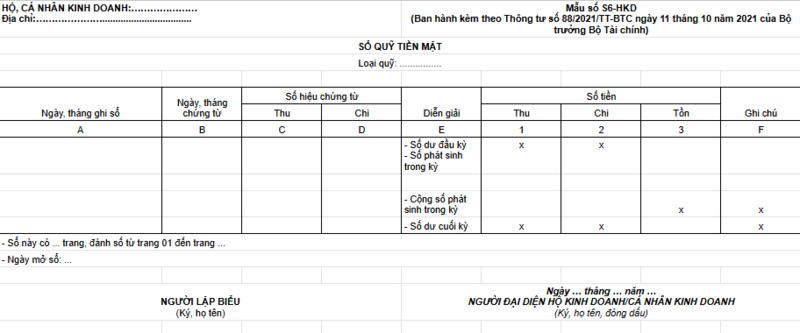 Mẫu sổ sách kế toán hộ kinh doan Excel - Sổ quỹ tiền mặt