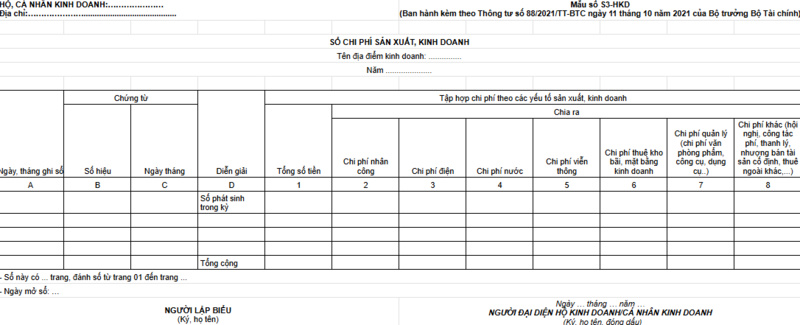 Mẫu sổ sách hộ kinh doanh - Sổ ghi nhận chi phí sản xuất