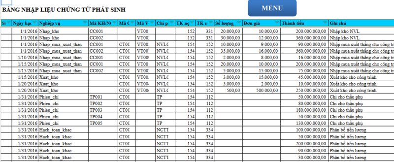 Mẫu file Excel kế toán nội bộ công ty xây dựng - Chứng từ phát sinh