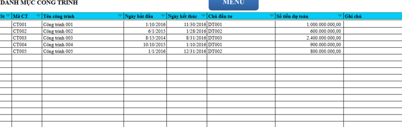 Mẫu file Excel kế toán nội bộ công ty xây dựng - Danh mục công trình