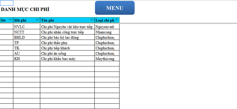 Mẫu file Excel chi phí xây dựng