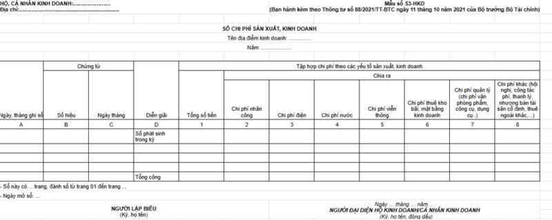 Mẫu sổ chi phí sản xuất hộ kinh doanh Excel