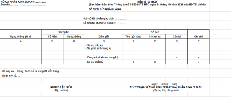 Mẫu sổ tiền gửi ngân hàng hộ kinh doanh