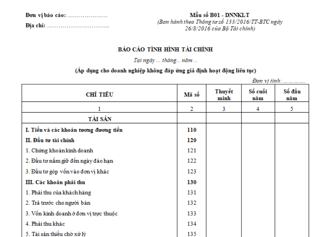 Mẫu báo cáo tài chính của công ty TNHH nhỏ hoạt động liên tục