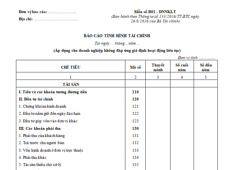 Mẫu báo cáo tài chính của công ty TNHH nhỏ không hoạt động liên tục