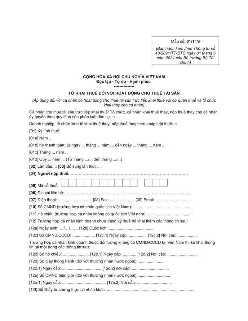 Tờ khai thuế (Mẫu 01/TTS) thuê tài sản