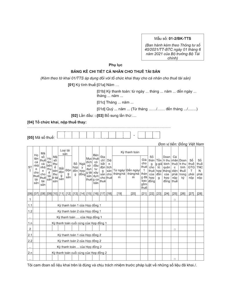 Phụ lục bảng kê chi tiết cá nhân cho thuê tài sản (Mẫu 01-2/BK-TTS)