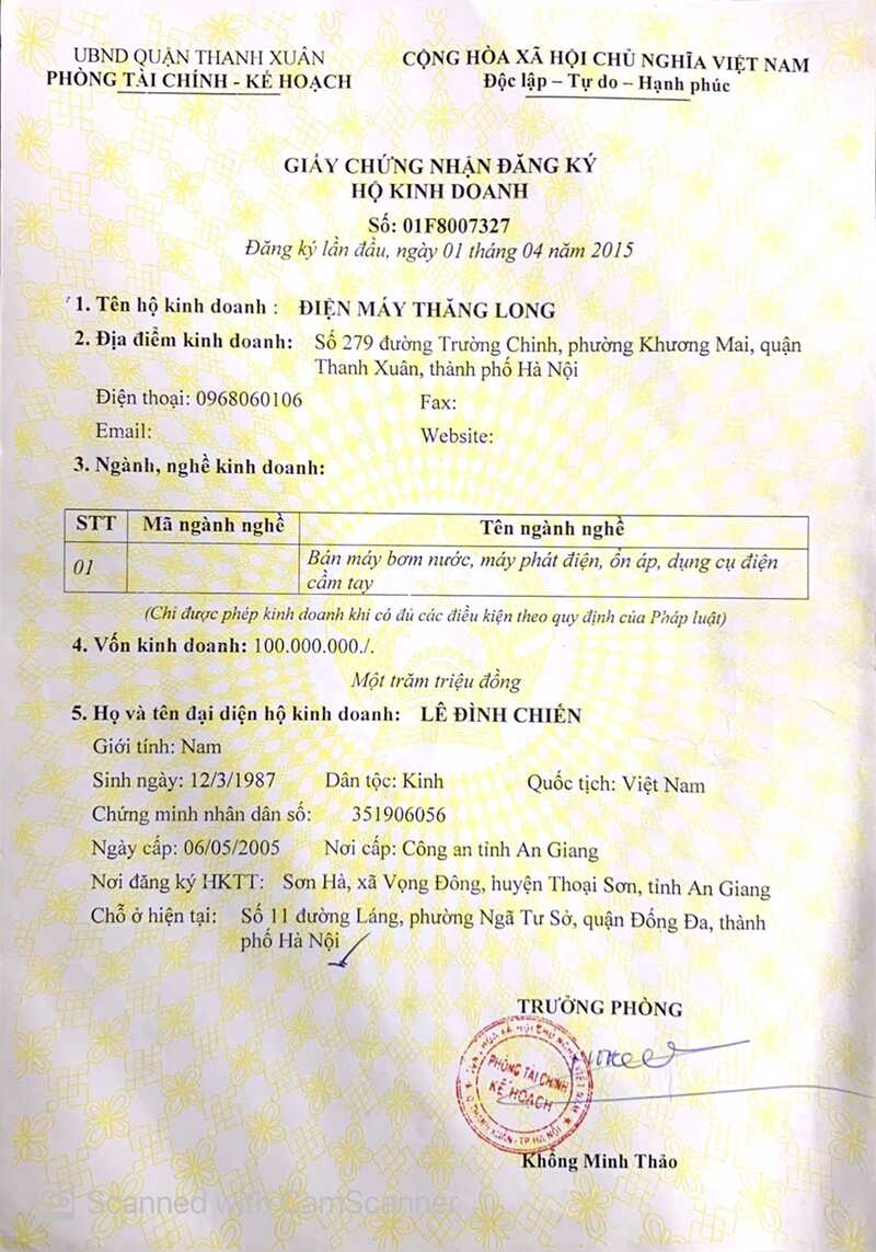 Mẫu giấy phép kinh doanh hộ gia đình