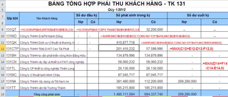 Hướng dẫn làm sổ sách kế toán bằng Excel - Sổ TK 131