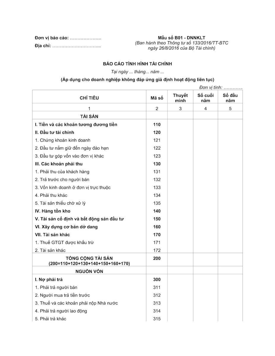 Hướng dẫn lập bảng cân đối kế toán theo Thông tư 133/2016/TT-BTC 3 Doanh nghiệp không đáp ứng giả định hoặc siêu nhỏ lập theo Mẫu B01‑DNNKLT hoặc B01‑DNSN