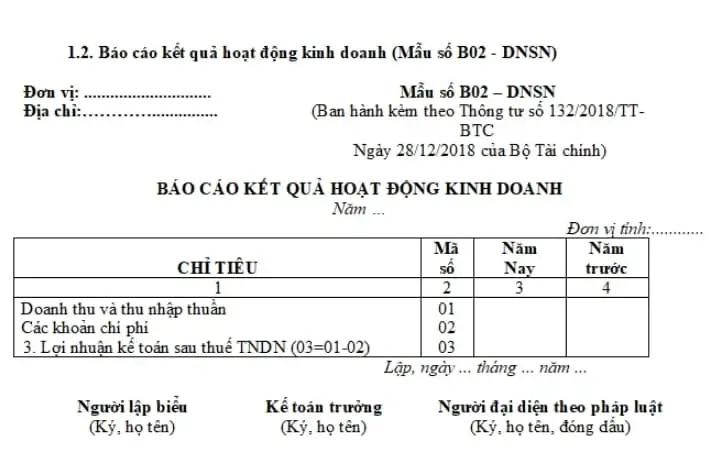 Mẫu báo cáo kết quả hoạt động kinh doanh theo Thông tư 133