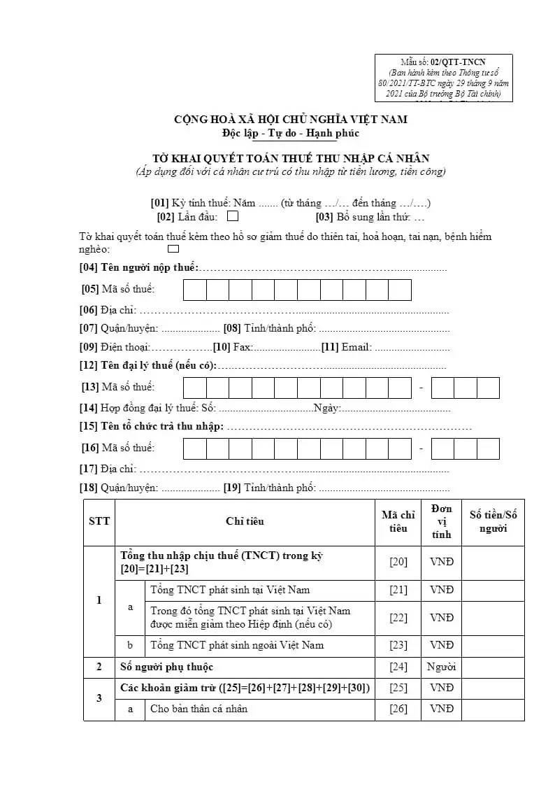 Mẫu tờ khai quyết toán thuế TNCN