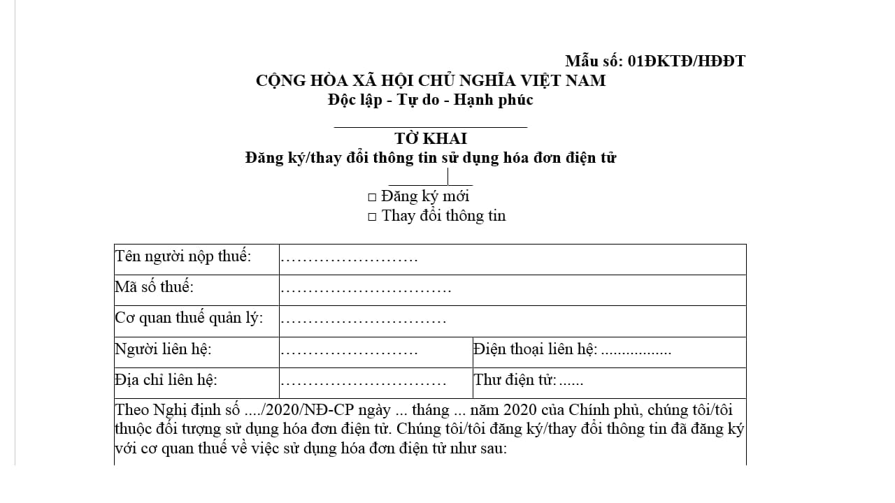 Mẫu 01/ĐKTĐ-HĐĐT khai báo thay đổi địa chỉ