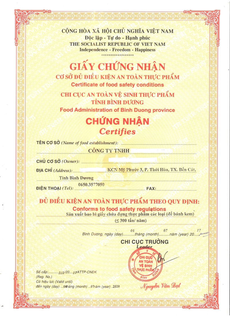 Xin giấy chứng nhận an toàn thực phẩm