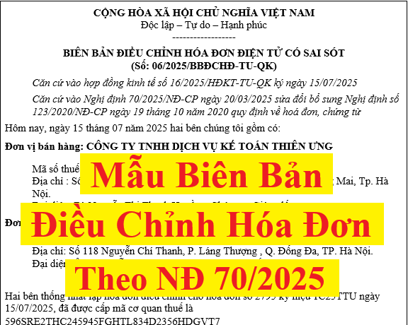 biên bản điều chỉnh hóa đơn sai mã số thuế